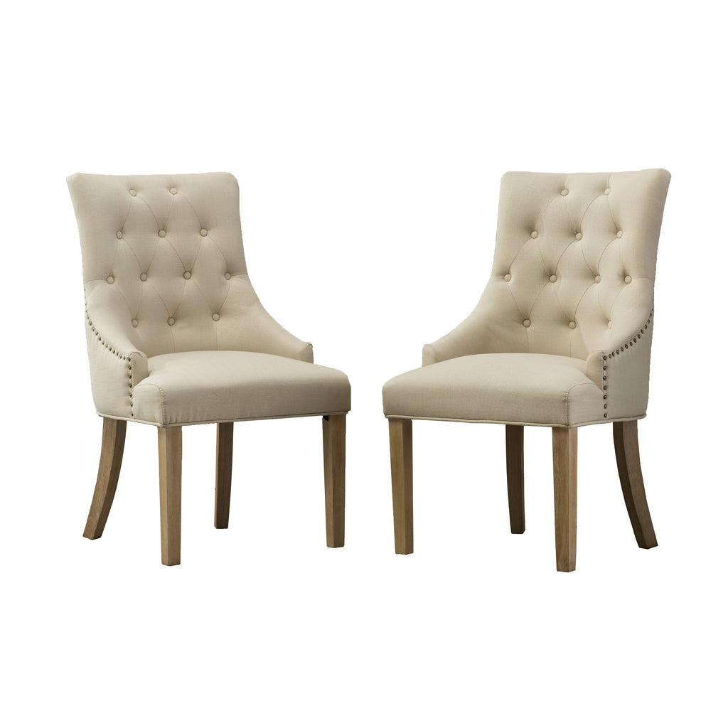 Tan Button Tufted Solid Wood Wingback Hostess Chairs with Nail Heads