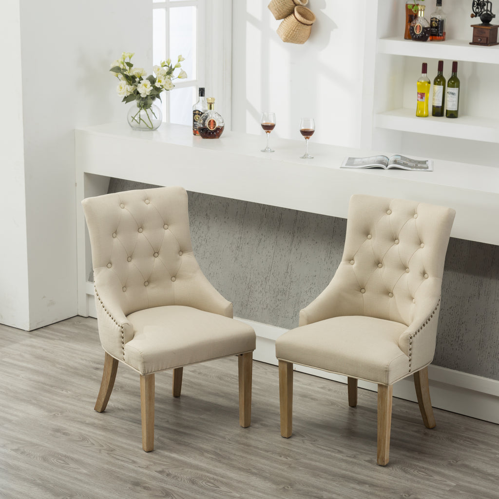 Tan Button Tufted Solid Wood Wingback Hostess Chairs with Nail Heads
