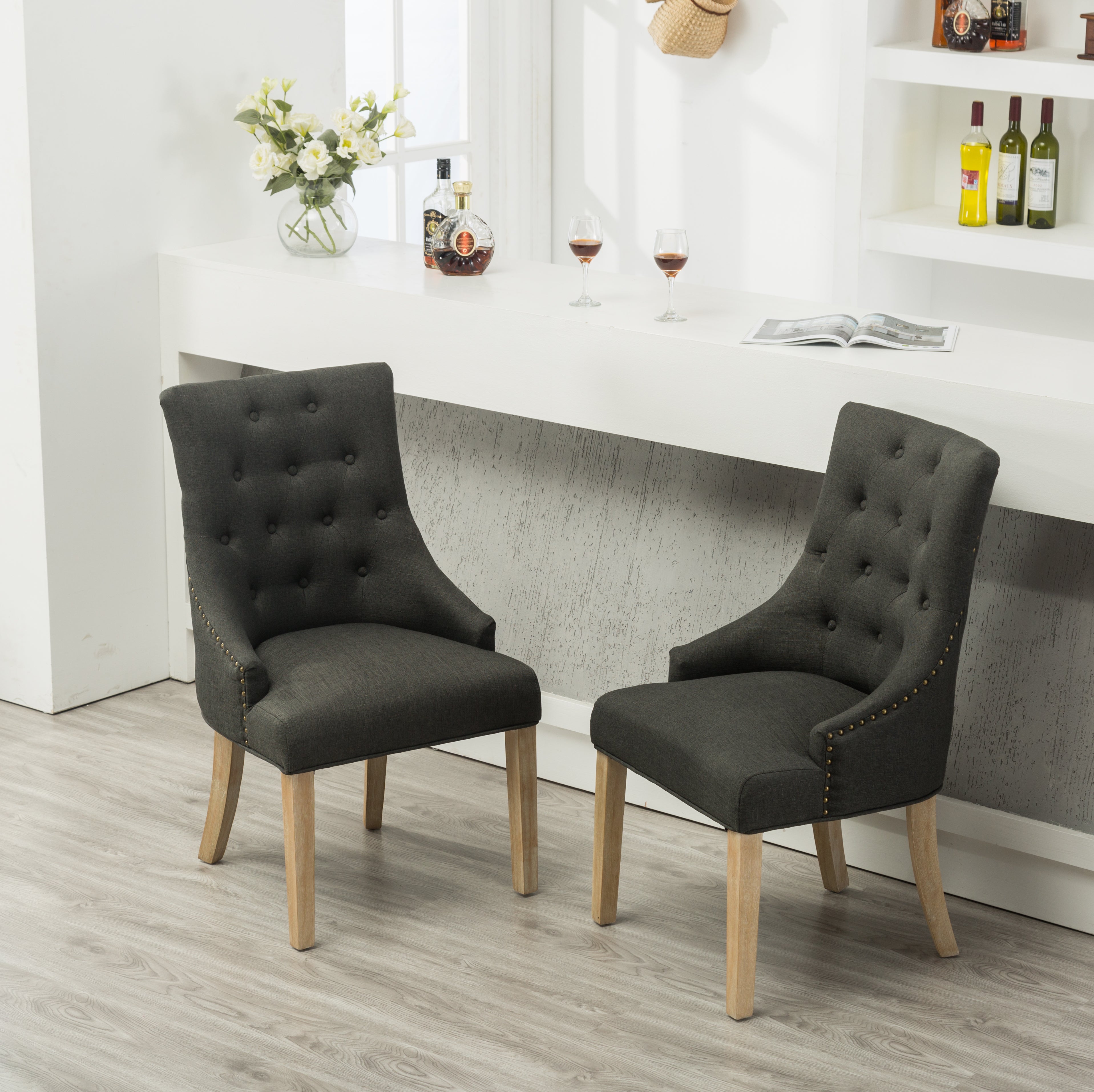 Charcoal Button Tufted Solid Wood Wingback Hostess Chairs Set of 2
