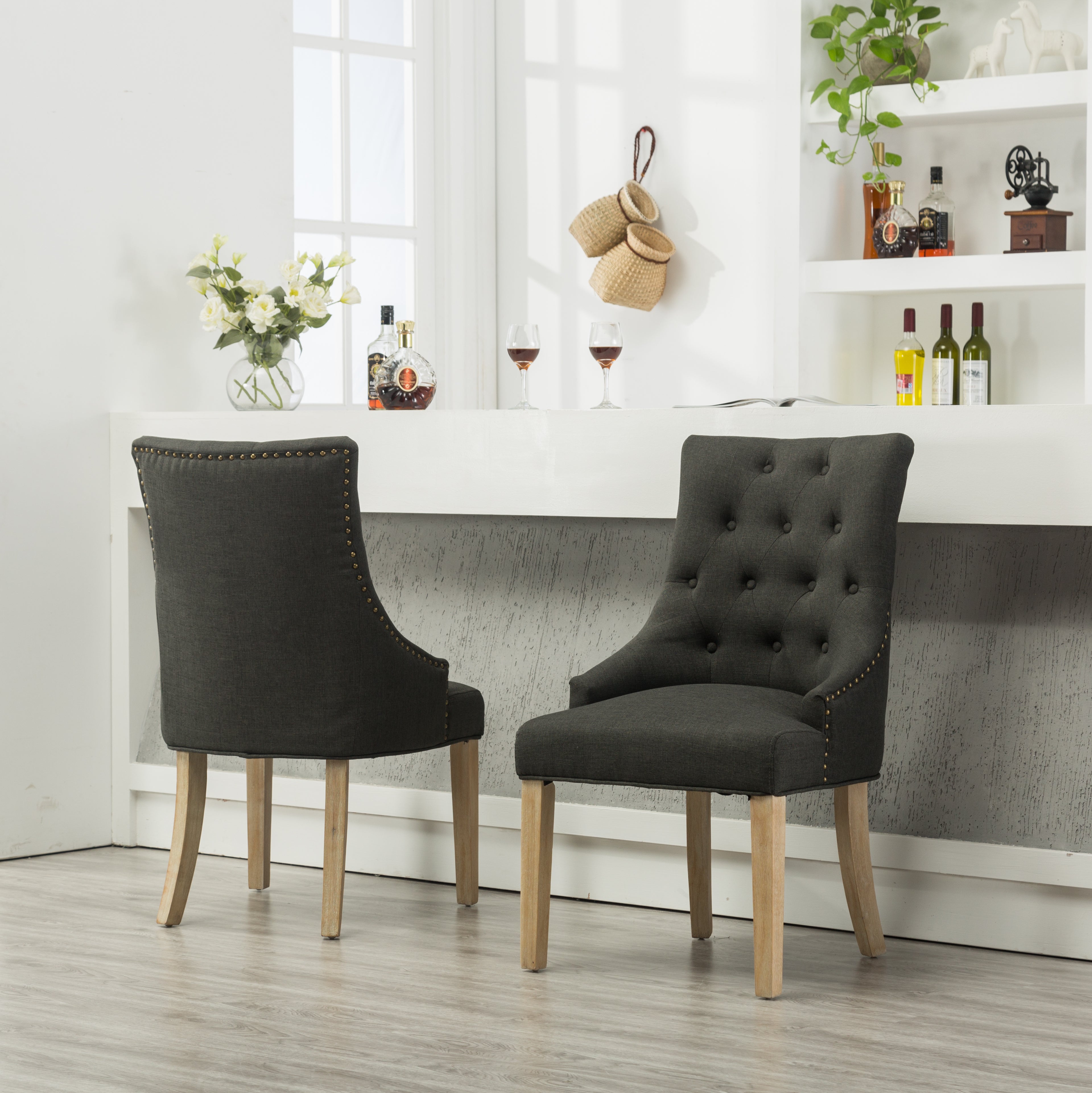 Charcoal Button Tufted Solid Wood Wingback Hostess Chairs Set of 2