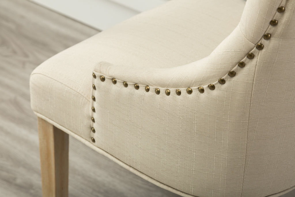 Tan Button Tufted Solid Wood Wingback Hostess Chairs with Nail Heads