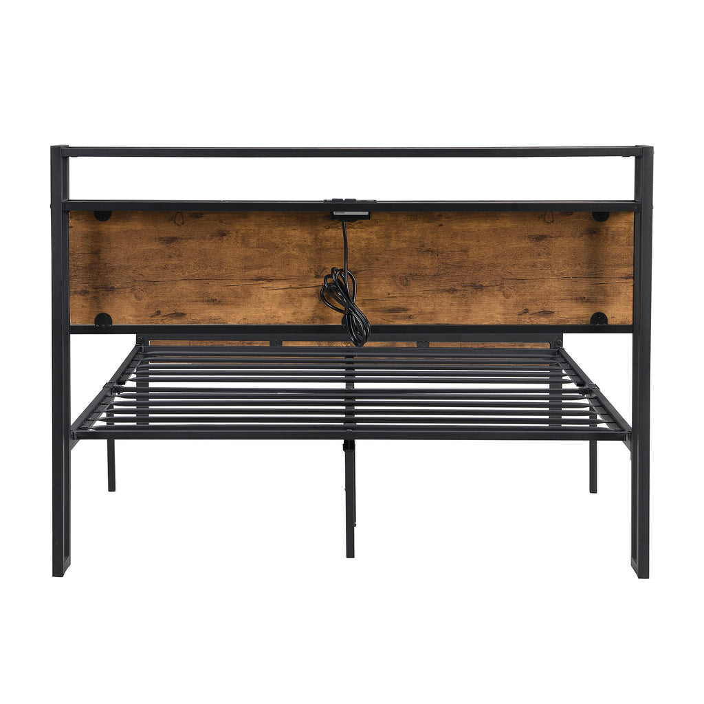 Full Size Metal Platform Bed Frame with Wooden Headboard