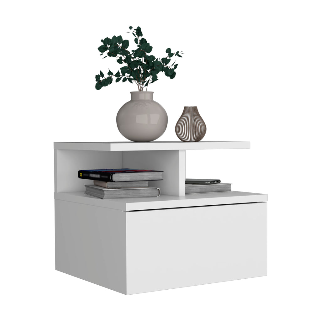 Floating Nightstand 12"H, Wall Mounted with Single Drawer and 2-Tier Shelf
