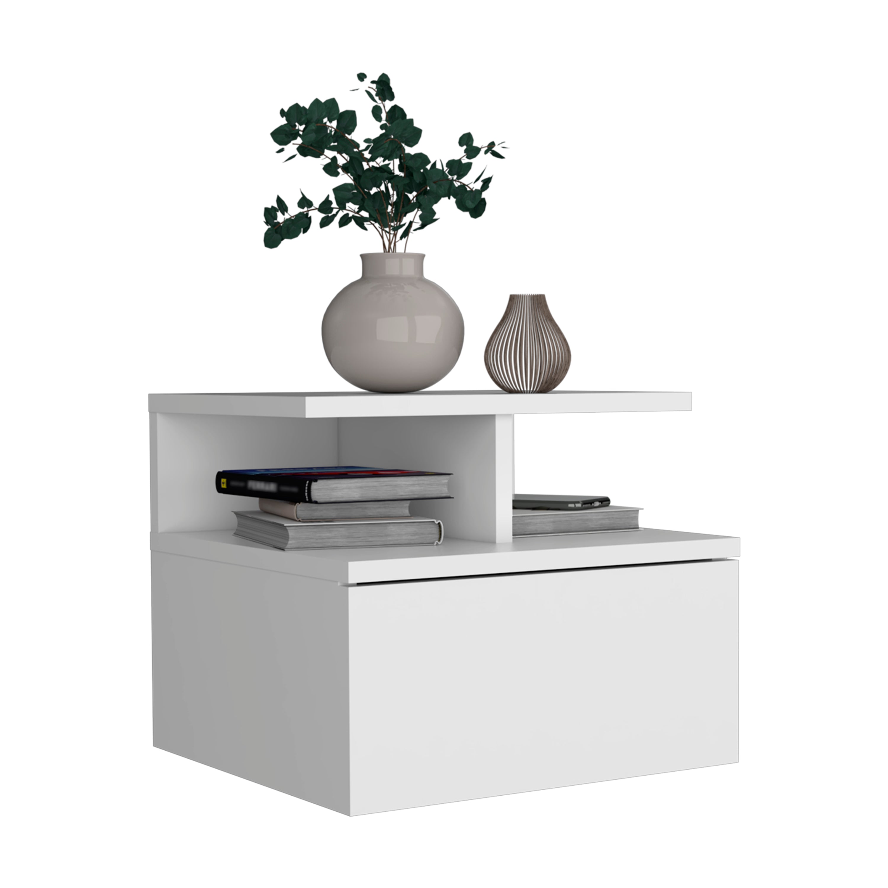 Floating Nightstand 12"H, Wall Mounted with Single Drawer and 2-Tier Shelf
