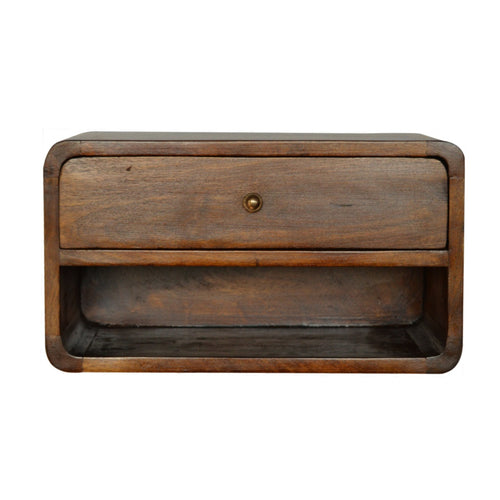 Solid Wood Curve Floating Bedside, 1-Drawer, 1 Open Slot, Chestnut