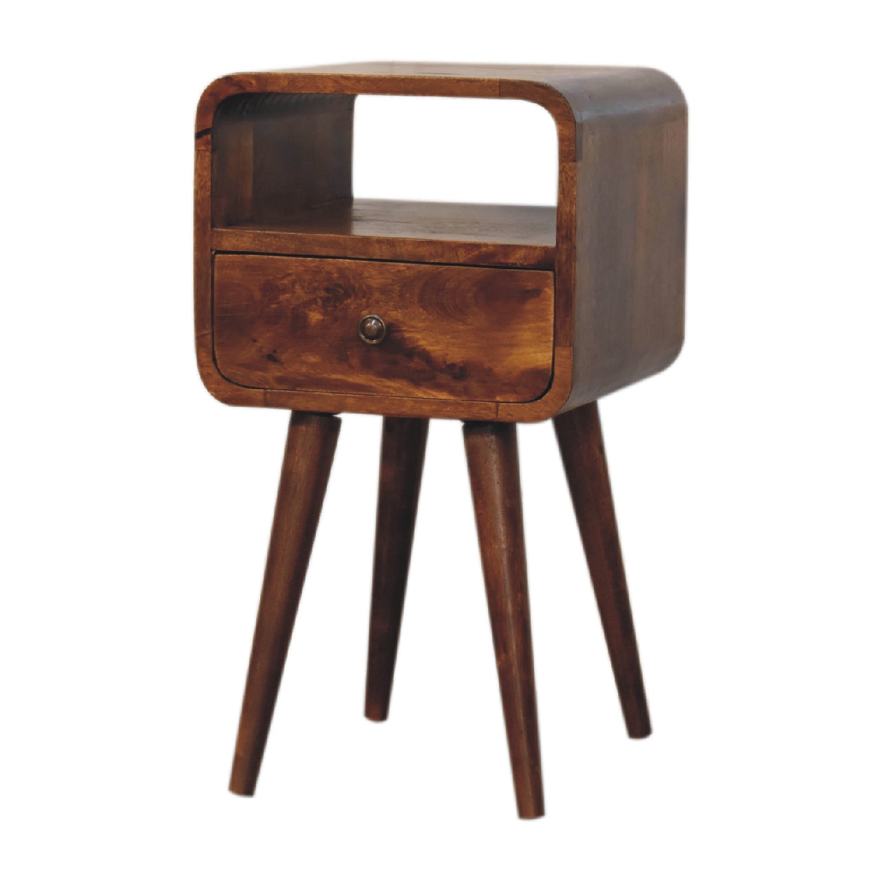 Solid Wood Mini Curve Bedside Nightstand, 1-Drawer, Chestnut