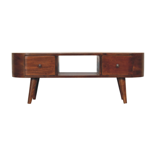 Chestnut Round Open Media Unit, 2-Drawers, 1 Open Slot