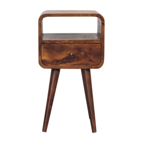 Solid Wood Mini Curve Bedside Nightstand, 1-Drawer, Chestnut