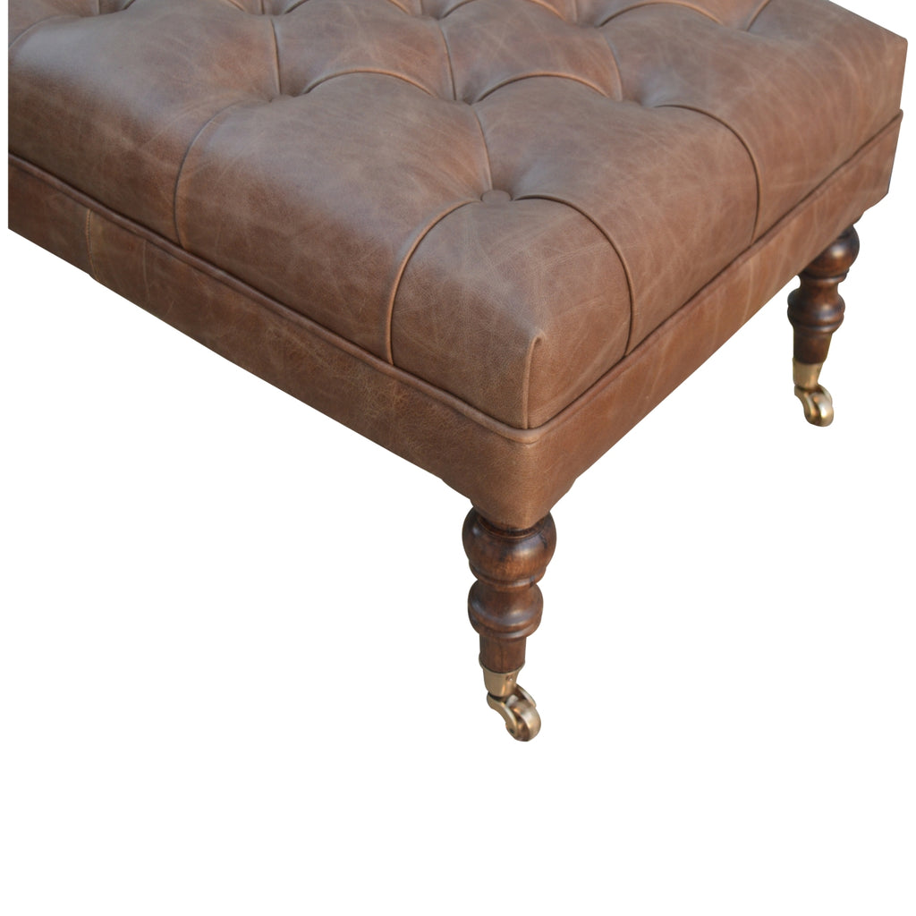 Solid Wood Buffalo Leather Upholstered Ottoman