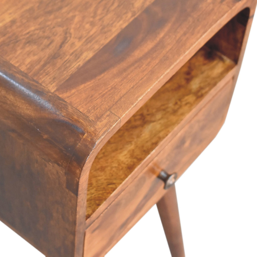 Solid Wood Mini Curve Bedside Nightstand, 1-Drawer, Chestnut