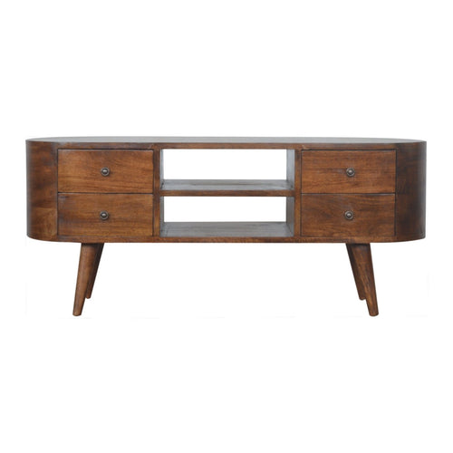 Chestnut Rounded Entertainment Unit, Nordic Legs, 4 Drawers, 2 Open Slot