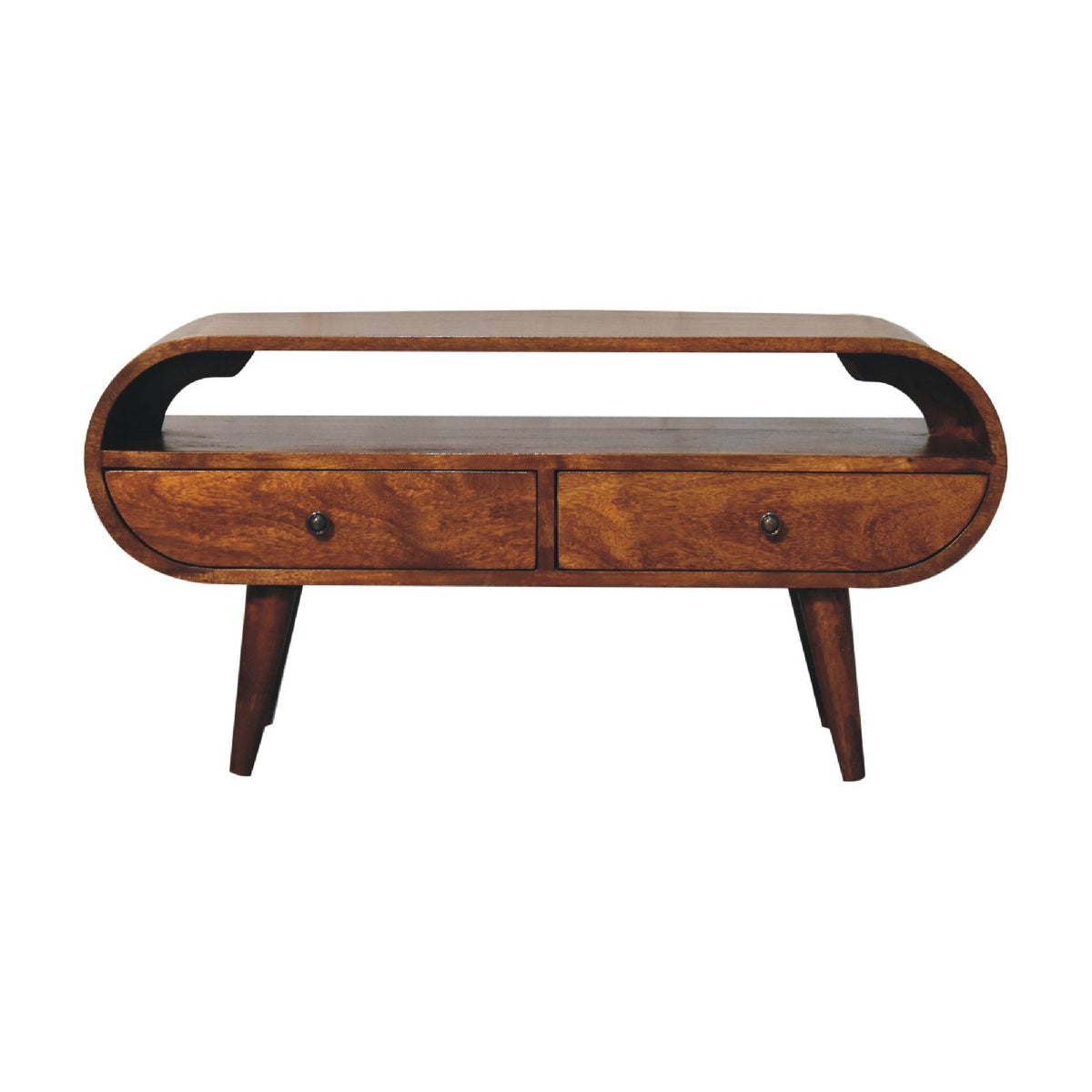 Chestnut Circular TV Stand, 2-Drawers, Open Slot, Nordic Legs
