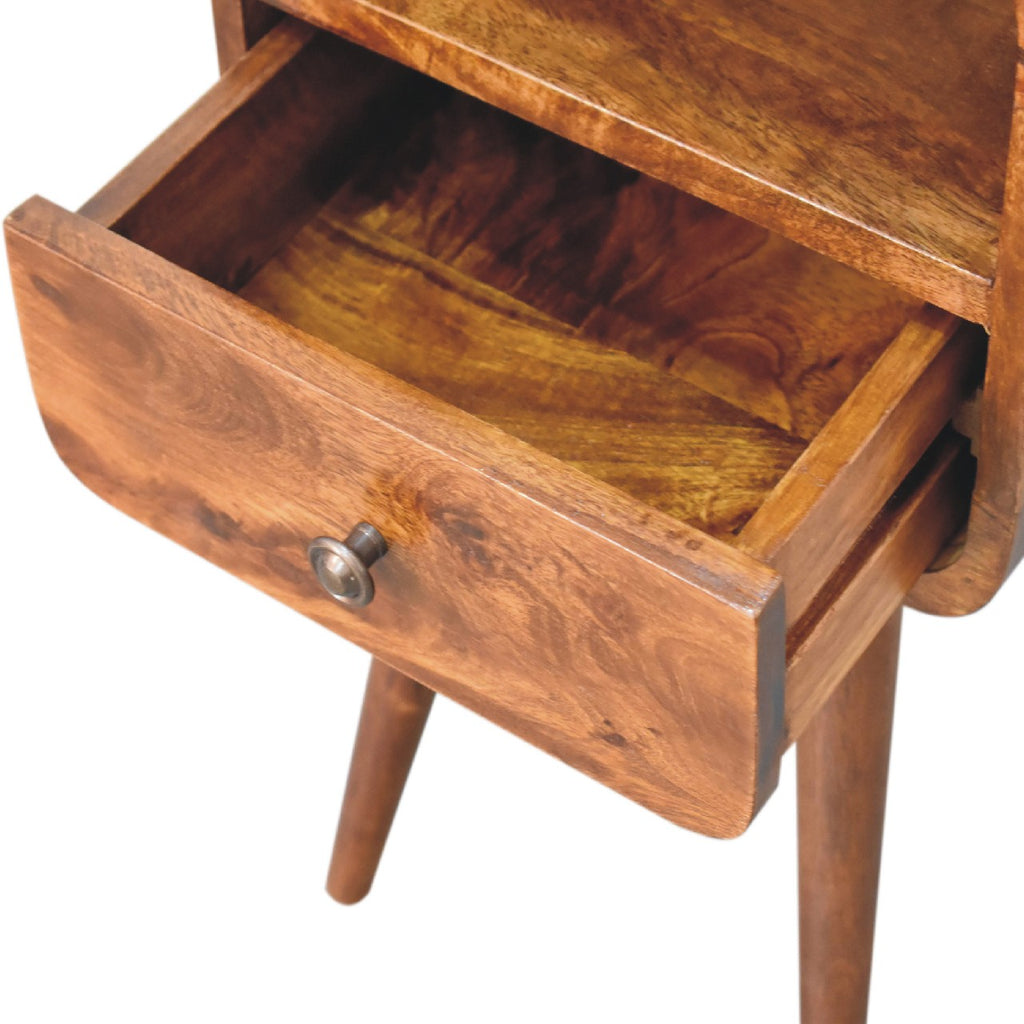 Solid Wood Mini Curve Bedside Nightstand, 1-Drawer, Chestnut