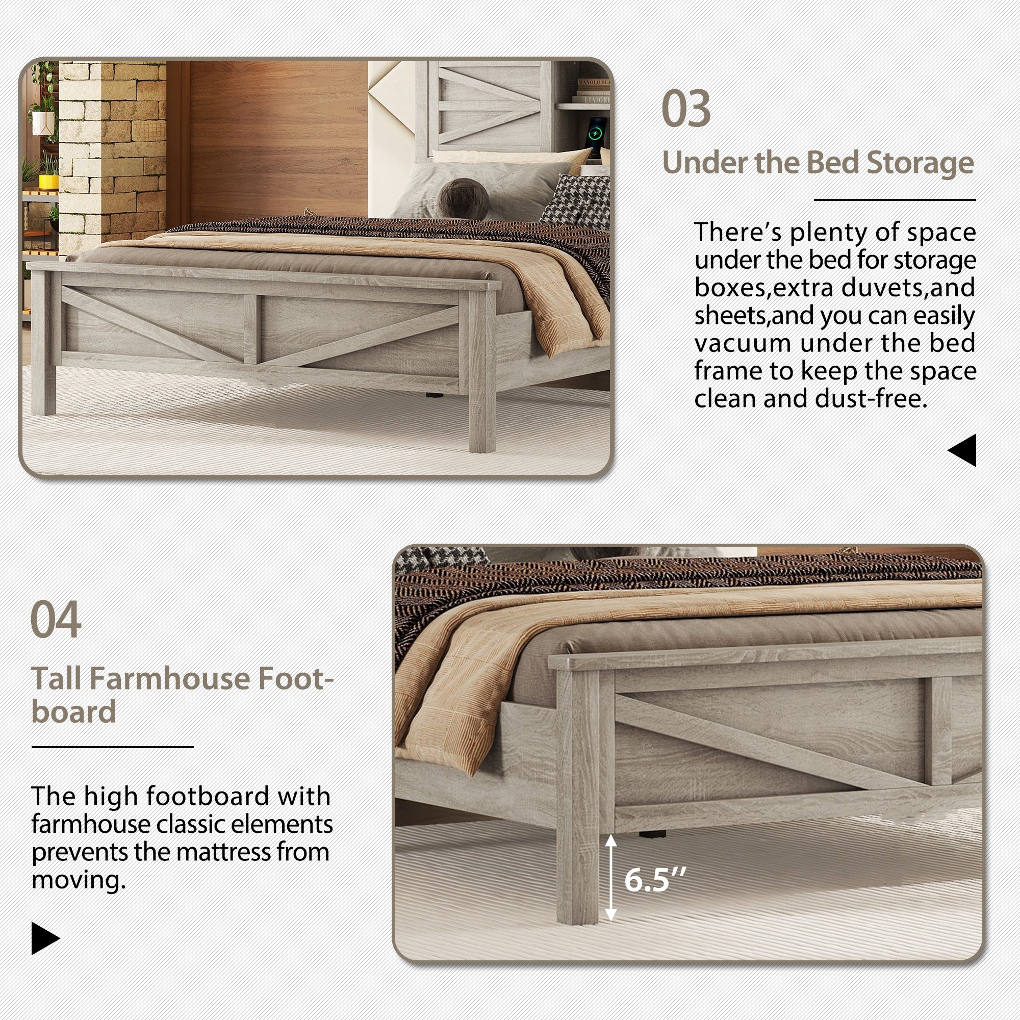 3-Pieces Bedroom Sets Queen Size Farmhouse Platform Bed - Antique Gray