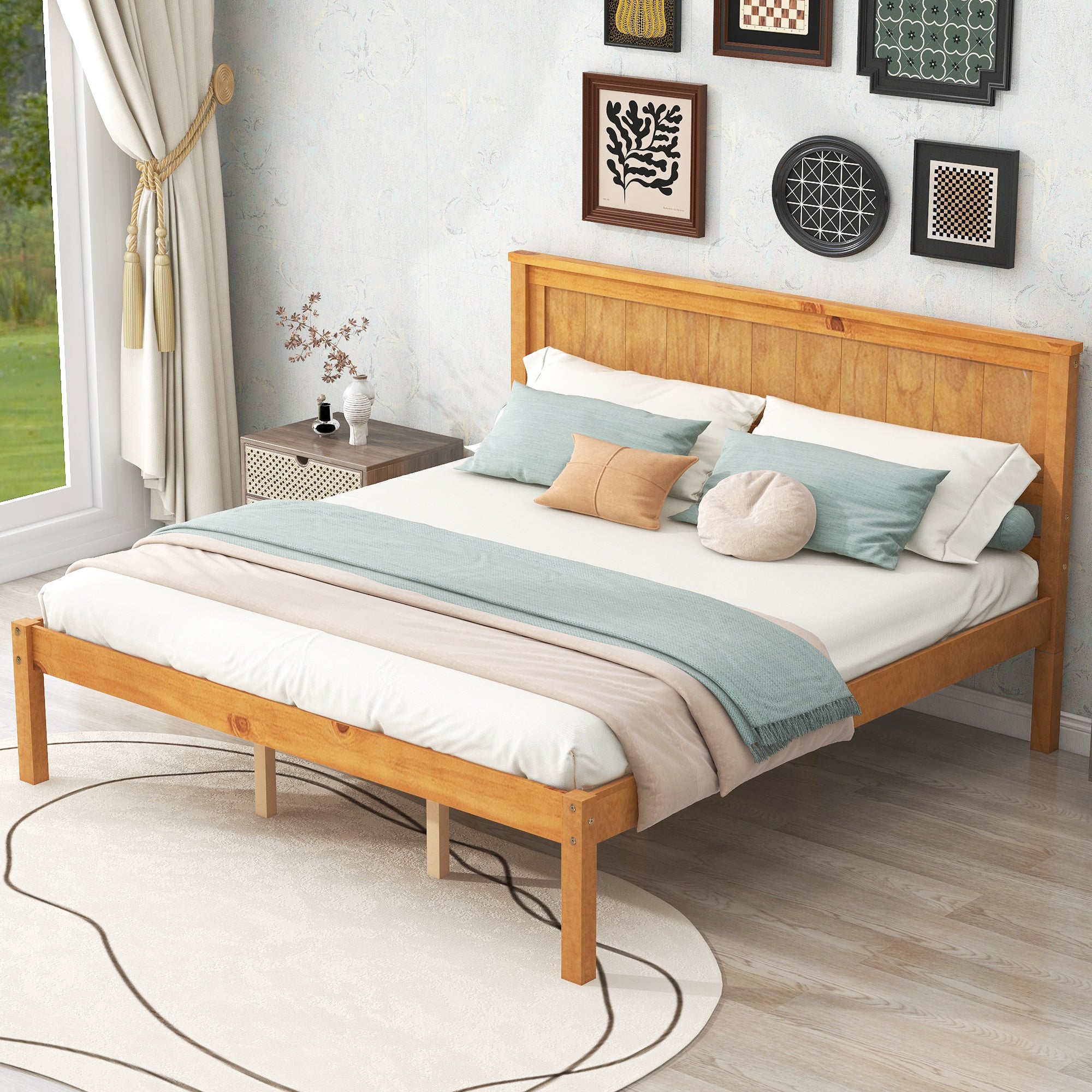Platform Bed Frame with Headboard, Wood Slat Support, No Box Spring Needed, Queen