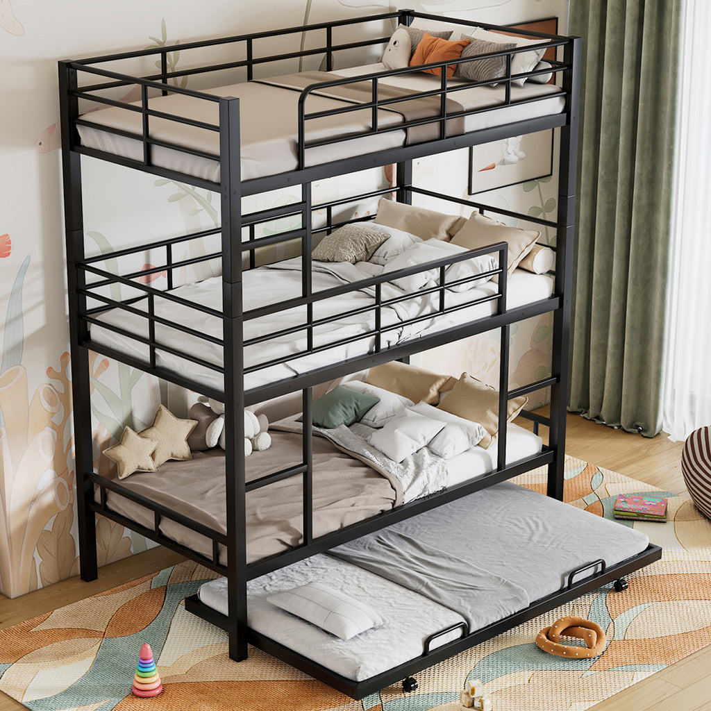 Metal Twin Size Triple Bunk Bed With Trundle