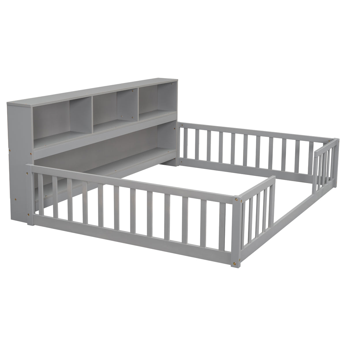 Full Floor Bed With Side Bookcase, Shelves & Guardrails