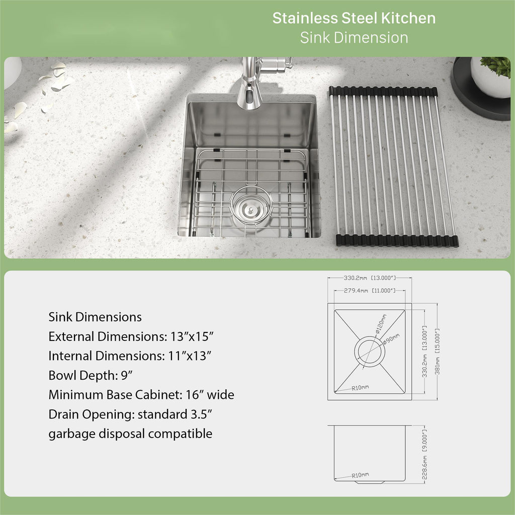 13 Inch Undermount Sink - 16 Gauge Stainless Steel Kitchen Sink