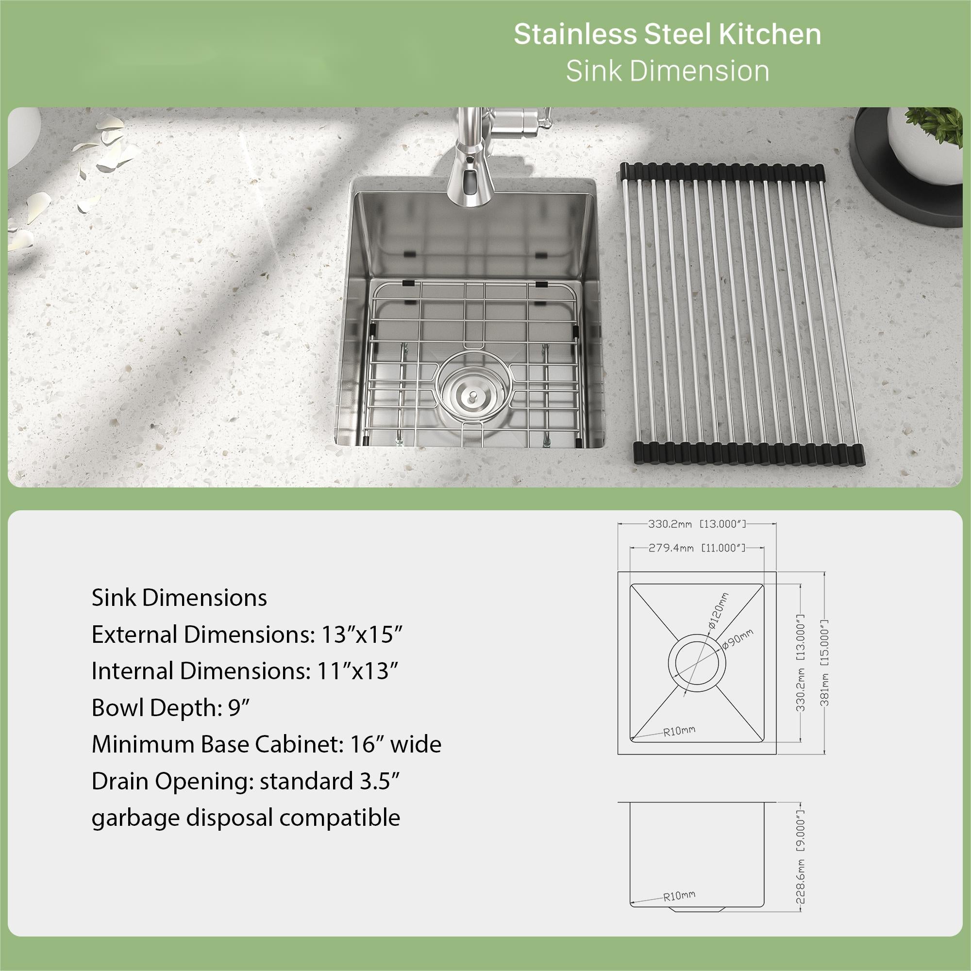 13 Inch Undermount Sink - 16 Gauge Stainless Steel Kitchen Sink