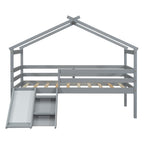 Twin Low Loft House Bed with Slide, Ladder, Safety Guardrails, House Roof Frame