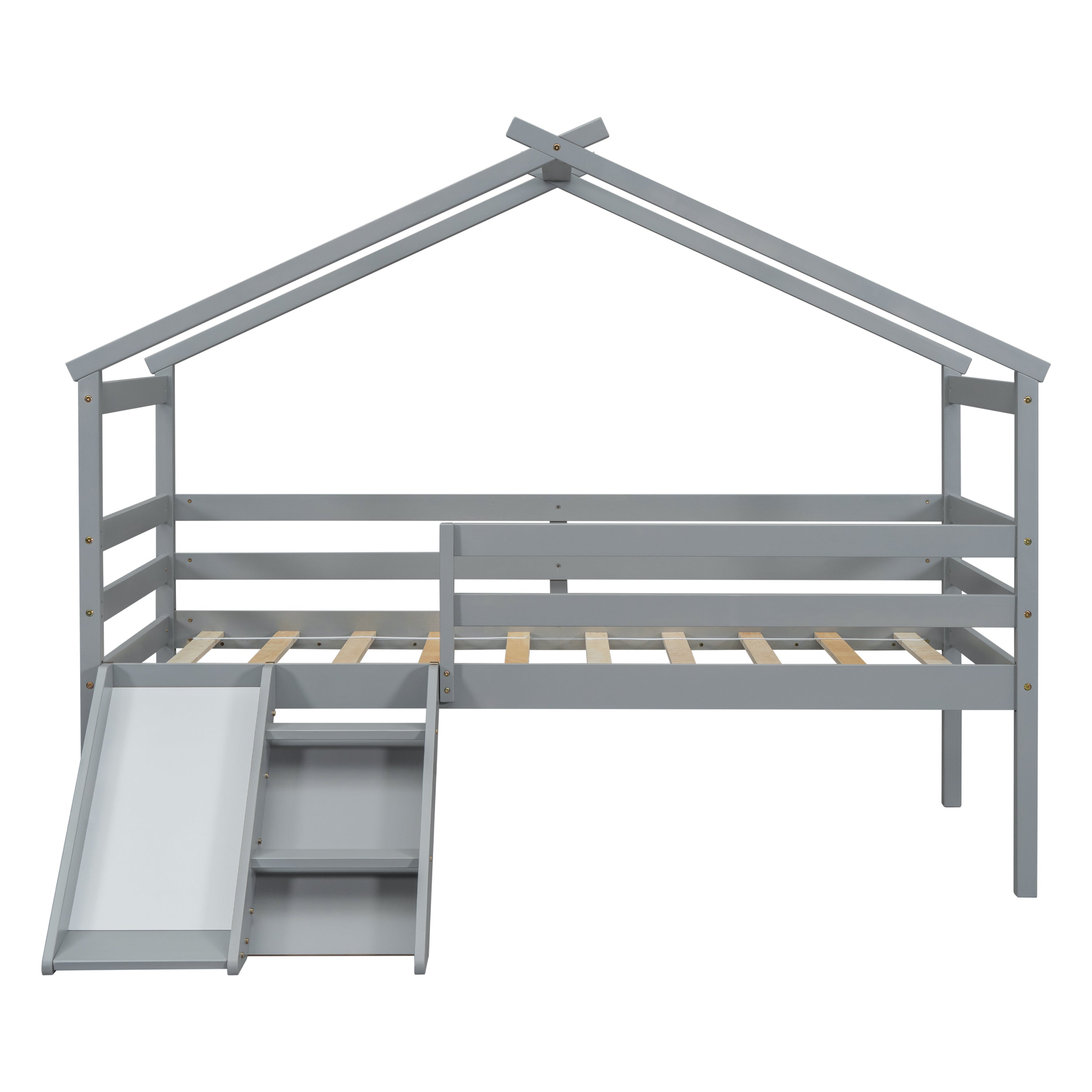 Twin Low Loft House Bed with Slide, Ladder, Safety Guardrails, House Roof Frame