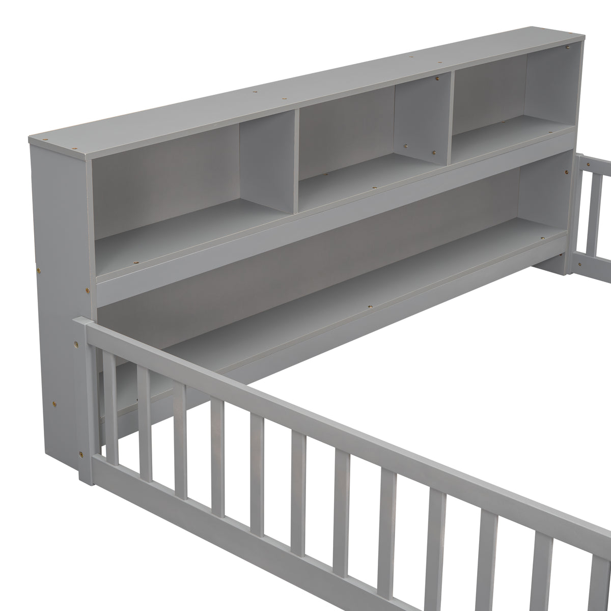 Full Floor Bed With Side Bookcase, Shelves & Guardrails