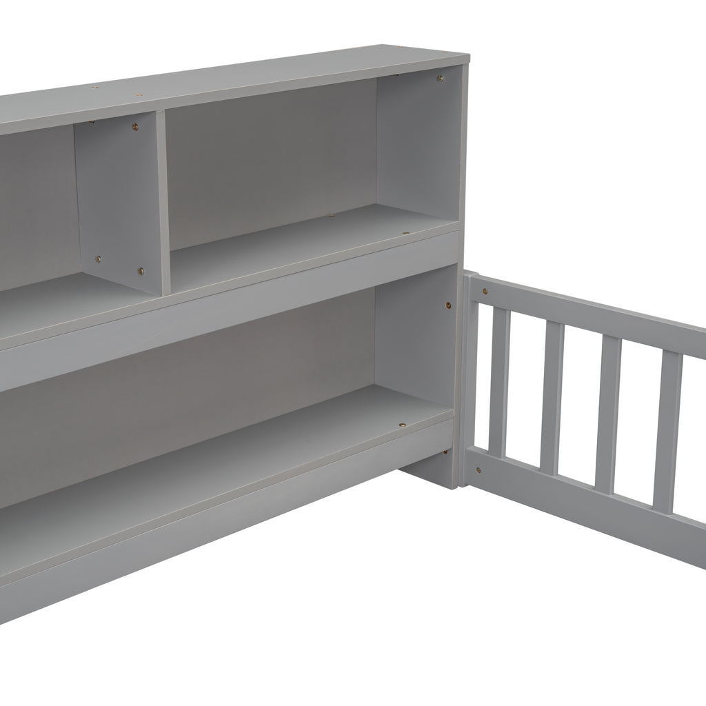Full Floor Bed With Side Bookcase, Shelves & Guardrails