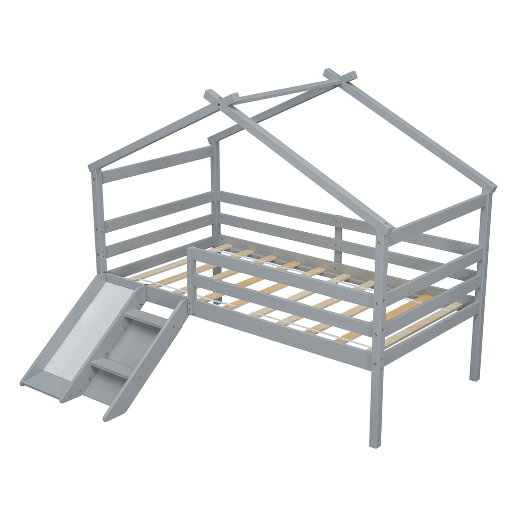Twin Low Loft House Bed with Slide, Ladder, Safety Guardrails, House Roof Frame