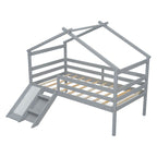 Twin Low Loft House Bed with Slide, Ladder, Safety Guardrails, House Roof Frame