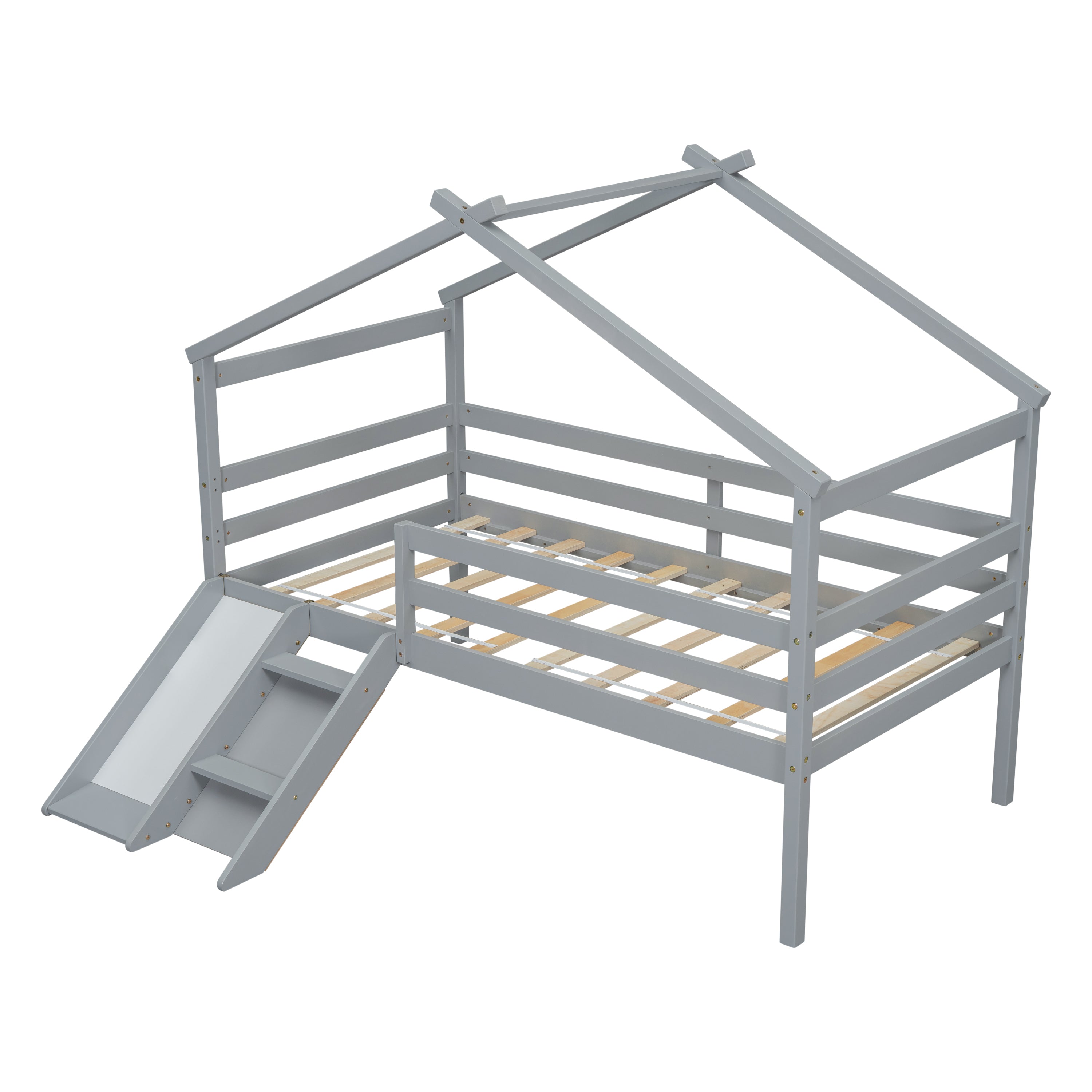 Twin Low Loft House Bed with Slide, Ladder, Safety Guardrails, House Roof Frame