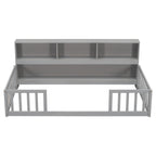 Twin Floor Bed with Bedside Bookcase, Shelves, Guardrails