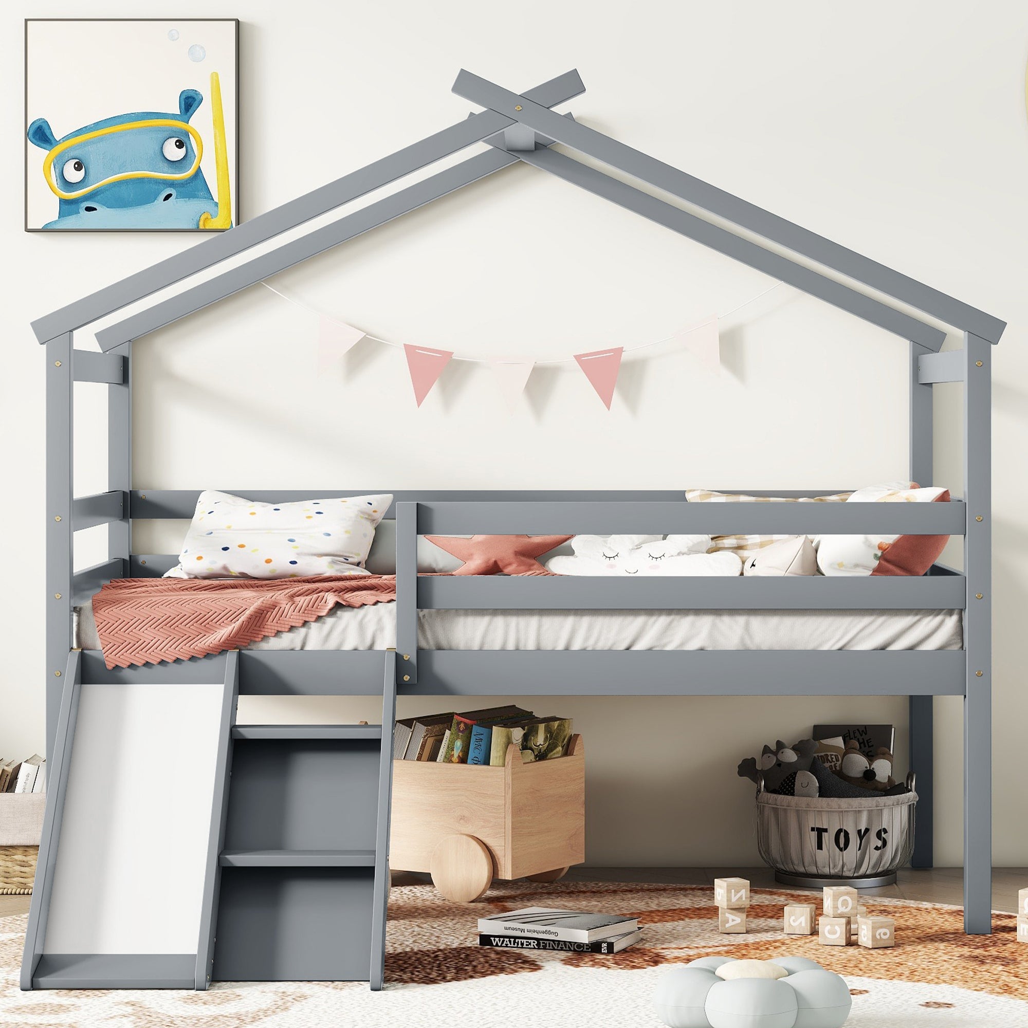 Twin Low Loft House Bed with Slide, Ladder, Safety Guardrails, House Roof Frame