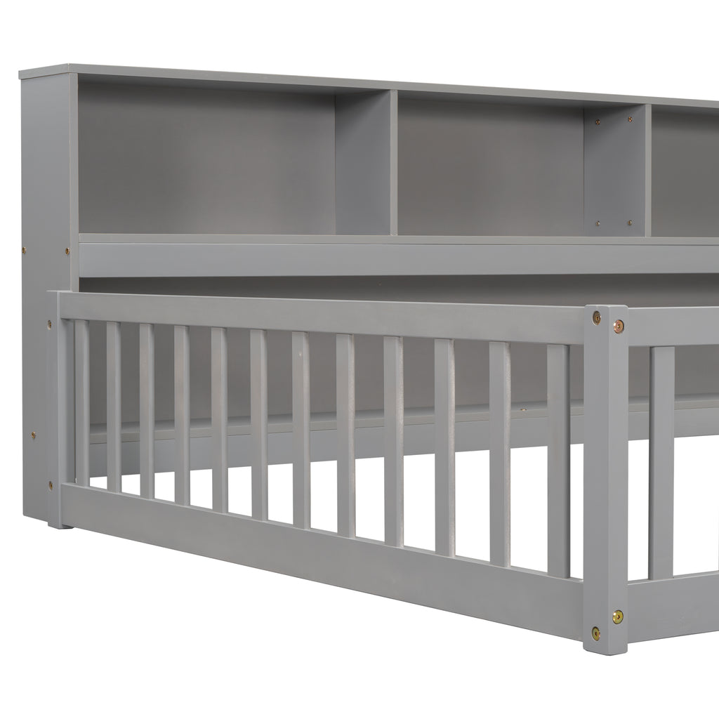 Full Floor Bed With Side Bookcase, Shelves & Guardrails