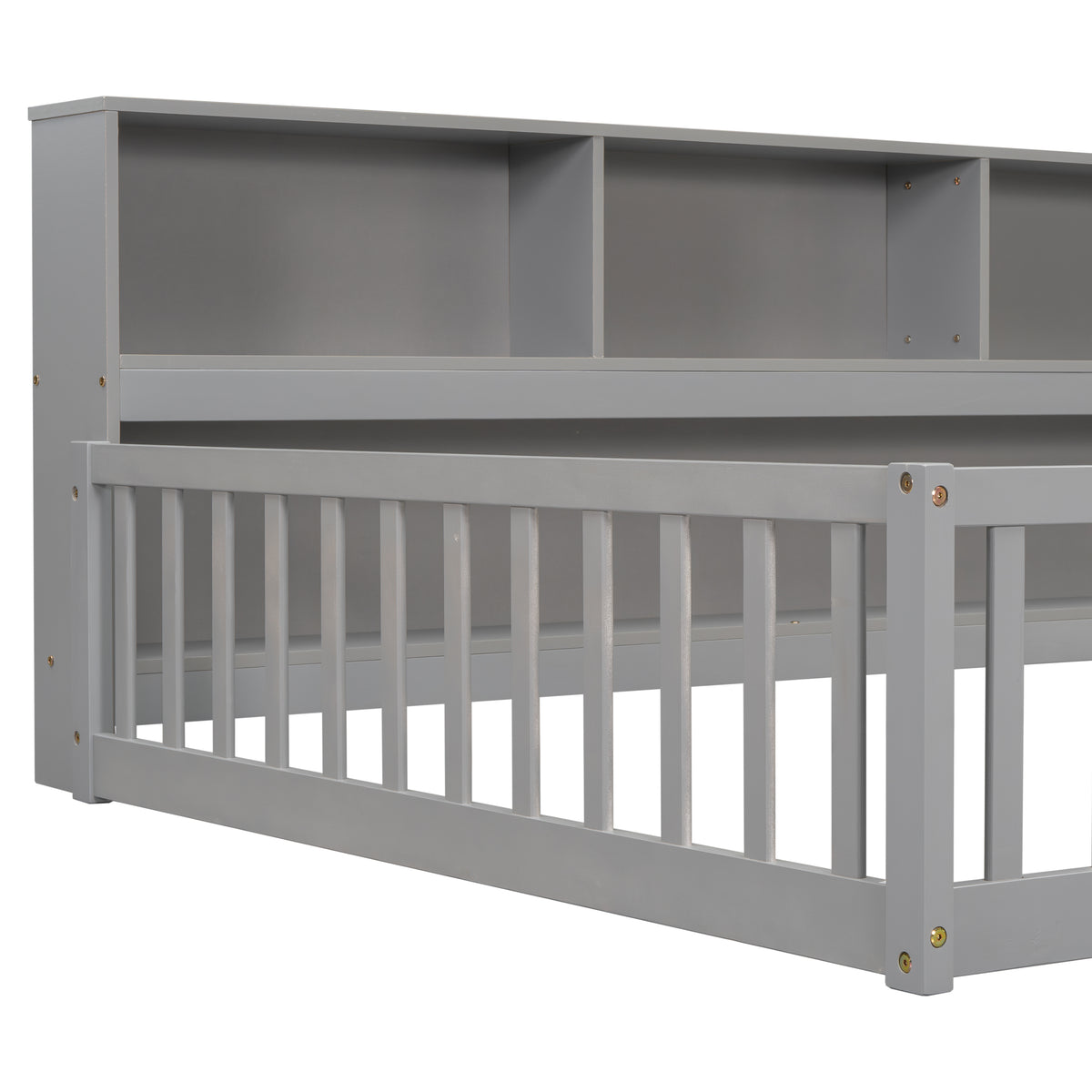 Full Floor Bed With Side Bookcase, Shelves & Guardrails