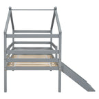 Twin Low Loft House Bed with Slide, Ladder, Safety Guardrails, House Roof Frame
