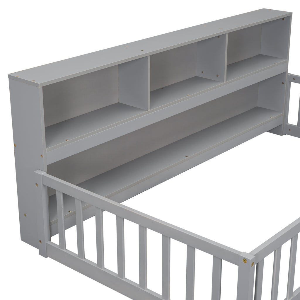 Twin Floor Bed with Bedside Bookcase, Shelves, Guardrails