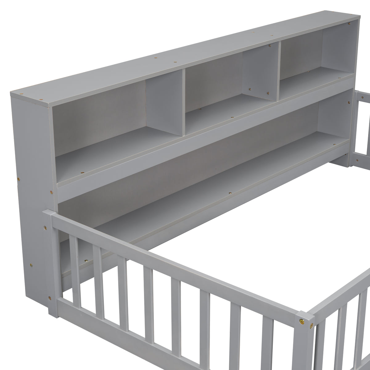 Twin Floor Bed with Bedside Bookcase, Shelves, Guardrails