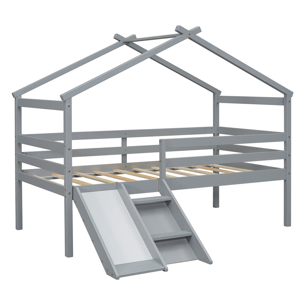 Twin Low Loft House Bed with Slide, Ladder, Safety Guardrails, House Roof Frame