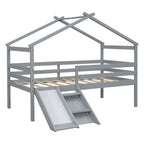 Twin Low Loft House Bed with Slide, Ladder, Safety Guardrails, House Roof Frame
