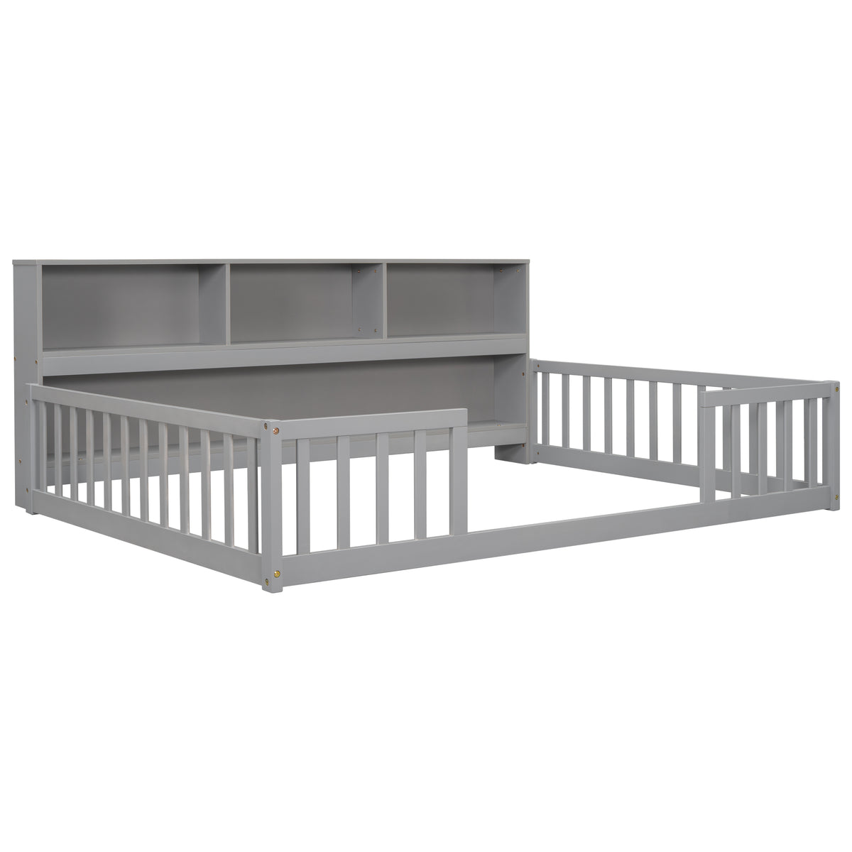 Full Floor Bed With Side Bookcase, Shelves & Guardrails
