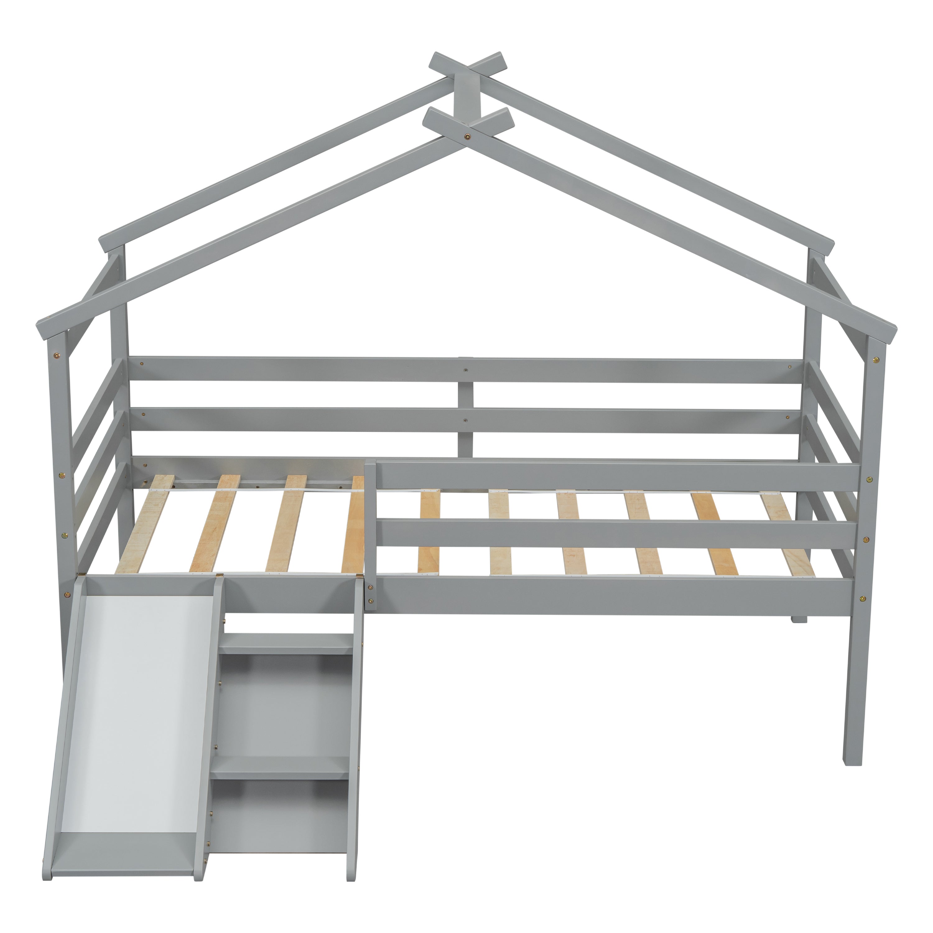 Twin Low Loft House Bed with Slide, Ladder, Safety Guardrails, House Roof Frame
