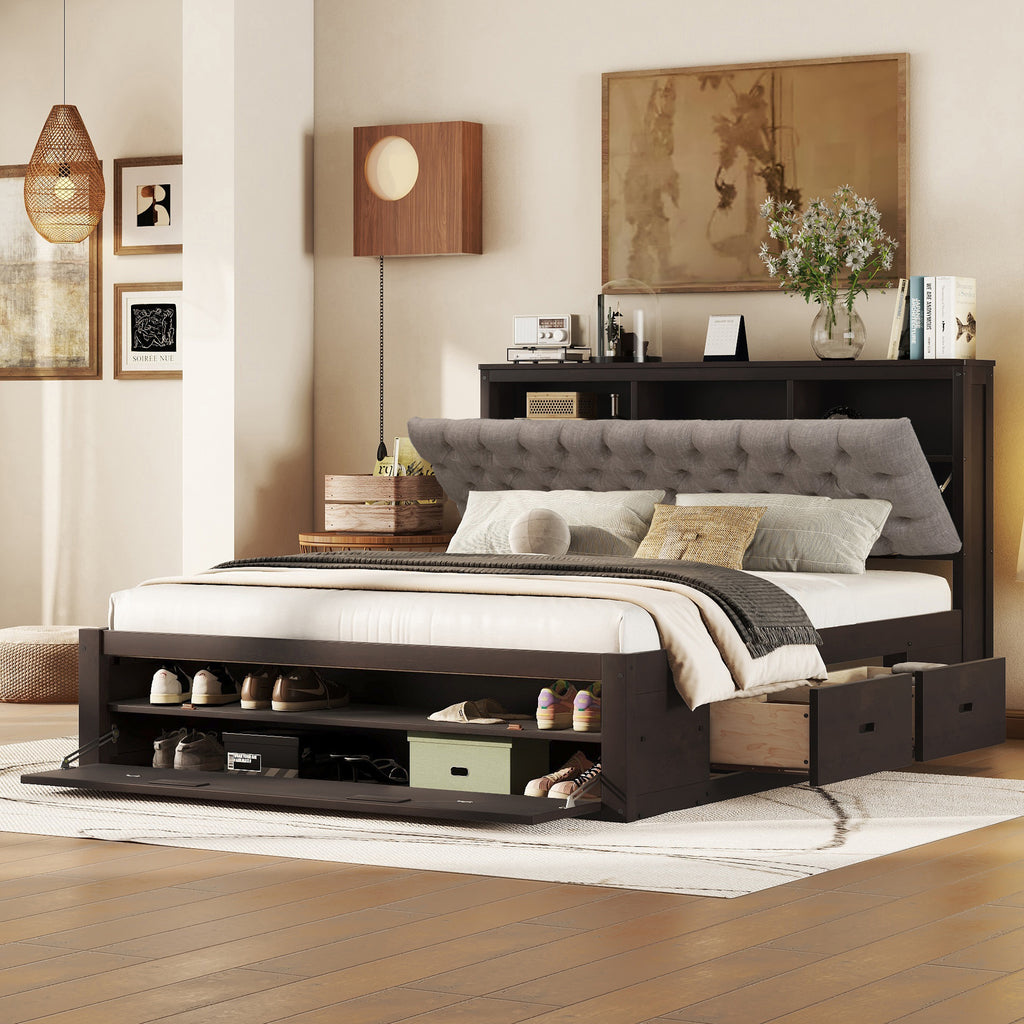 Wood Queen Size Platform Bed with Storage Headboard