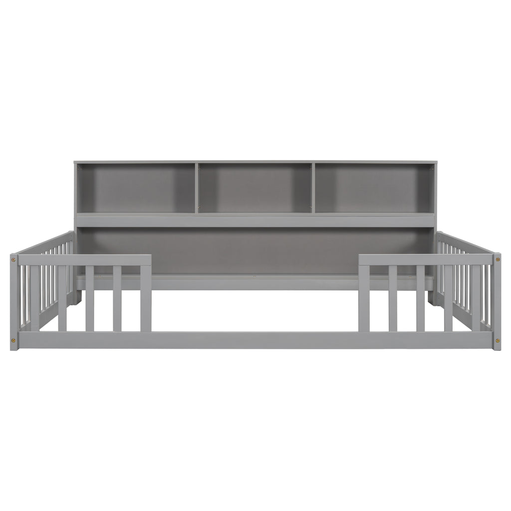 Full Floor Bed With Side Bookcase, Shelves & Guardrails