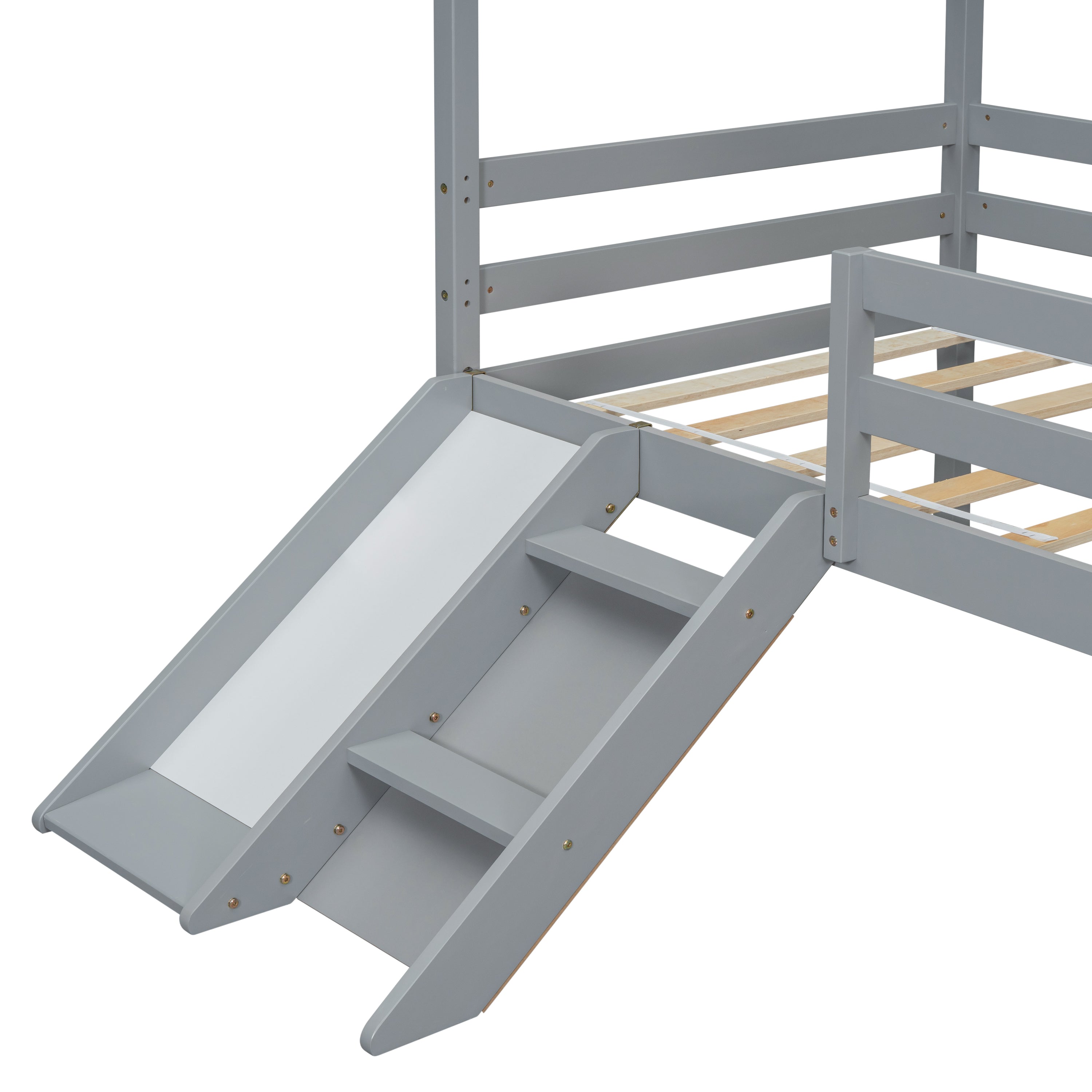 Twin Low Loft House Bed with Slide, Ladder, Safety Guardrails, House Roof Frame