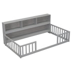 Twin Floor Bed with Bedside Bookcase, Shelves, Guardrails