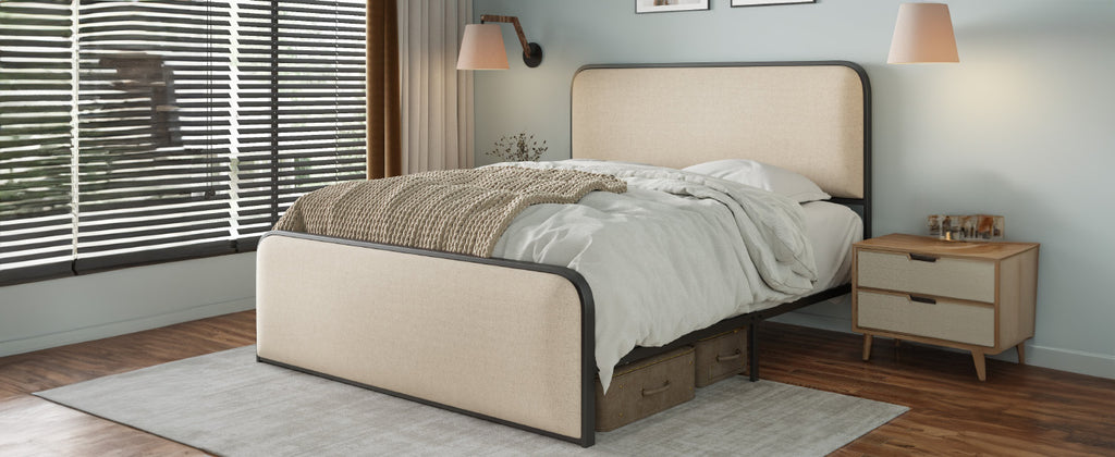 Modern Metal Bed Frame with Curved Upholstered Headboard and Footboard