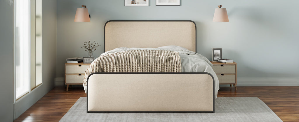 Modern Metal Bed Frame with Curved Upholstered Headboard