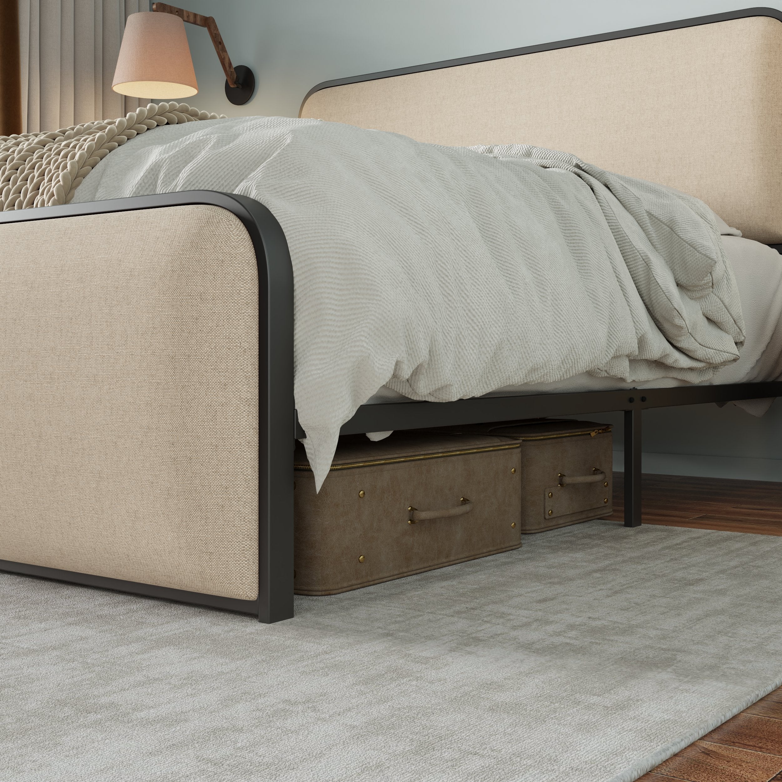 Modern Metal Bed Frame with Curved Upholstered Headboard and Footboard