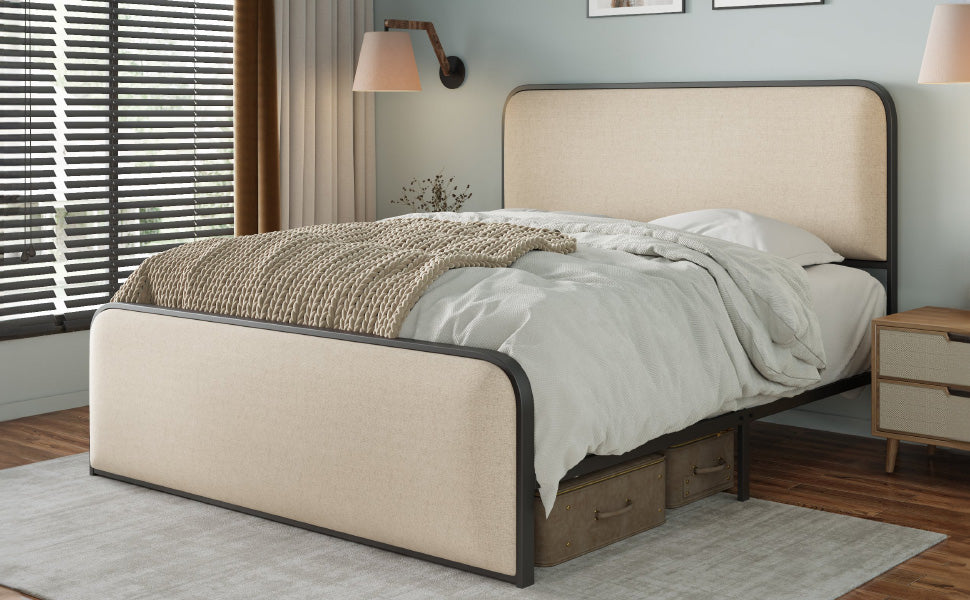 Modern Metal Bed Frame with Curved Upholstered Headboard