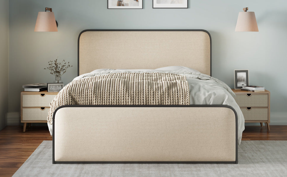 Modern Metal Bed Frame with Curved Upholstered Headboard